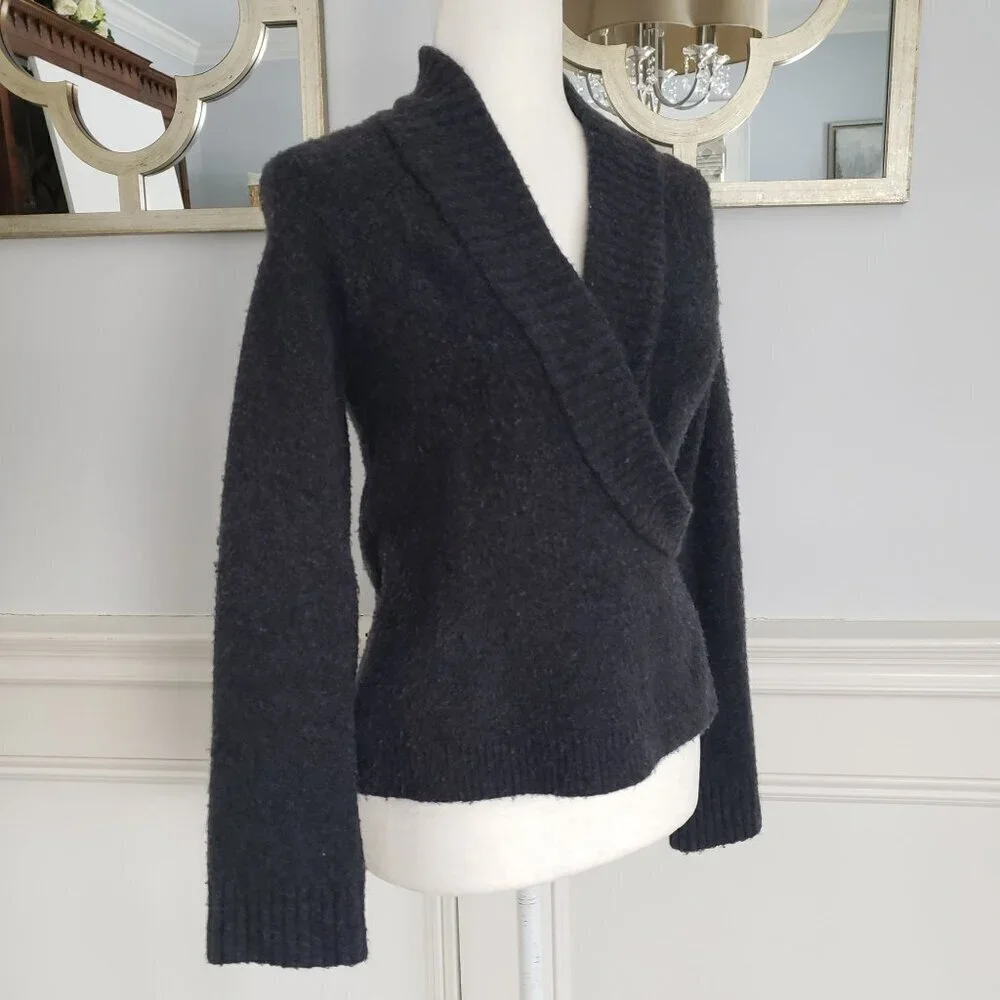 Anthropologie XS Faux Wrap Soft Alpaca Wool Surplice VNeck Collar Grey Sweater